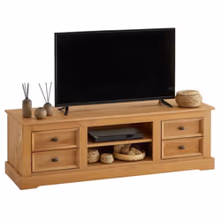 Meuble TV KENT banc télévision en pin massif finition cirée 144 x 46 x 45 cm avec 4 tiroirs et 2 niches