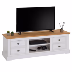 Meuble TV KENT L 144 cm en bois massif blanc et brun avec rangement 4 tiroirs et 2 niches pour télévision jusquà 60