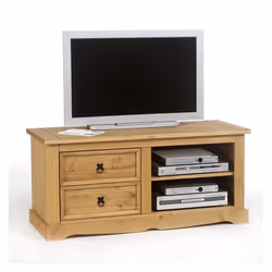 Meuble TV TEQUILA L 120 cm en bois massif brun avec 2 tiroirs et 2 niches meuble de salon style mexicain