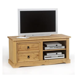 Meuble TV TEQUILA L 120 cm en bois massif brun avec 2 tiroirs et 2 niches meuble de salon style mexicain