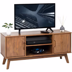 Meuble TV TIVOLI banc télé de 114 cm design vintage scandinave nordique 2 portes et 2 niches en pin massif lasuré brun foncé