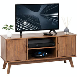 Meuble TV TIVOLI banc télé de 114 cm design vintage scandinave nordique 2 portes et 2 niches en pin massif lasuré brun foncé