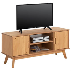 Meuble TV TIVOLI L 114 cm en bois massif finition laquée avec 2 portes et 2 niches pour télé jusquà 127 cm