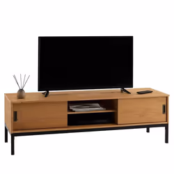 Meuble TV SELMA banc télé de 145 cm au style industriel design vintage avec 2 portes coulissantes en pin massif teinté brun c ...