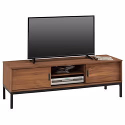 Meuble TV SELMA L 145 cm en bois massif brun foncé au style industriel design vintage avec 2 portes coulissantes