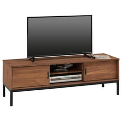 Meuble TV SELMA L 145 cm en bois massif brun foncé au style industriel design vintage avec 2 portes coulissantes
