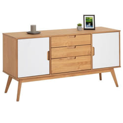 Buffet TIVOLI design vintage scandinave nordique commode bahut vaisselier 3 tiroirs 2 portes pin massif finition bois teinté/blanc