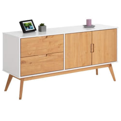 Buffet TIVOLI design vintage scandinave nordique commode bahut vaisselier 2 tiroirs 2 portes pin massif finition blanc/bois teinté