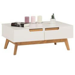 Idimex - Table basse tibor, 2 tiroirs et 2 niches, lasuré blanc
