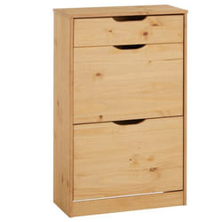 Meubles à chaussures BASIL rangement armoire avec 2 abattants et 1 tiroir en pin massif lasuré brun