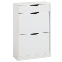 Meubles à chaussures BASIL rangement armoire avec 2 abattants et 1 tiroir en pin massif lasuré blanc