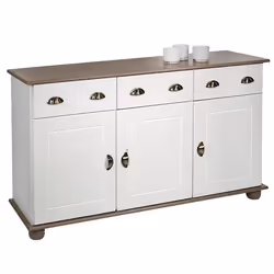 Buffet COLMAR commode bahut vaisselier meuble bas rangement avec 3 tiroirs et 3 portes en pin massif lasuré blanc et taupe
