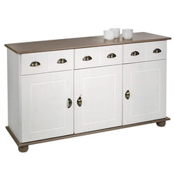 Buffet COLMAR commode bahut vaisselier meuble bas rangement avec 3 tiroirs et 3 portes en pin massif lasuré blanc et taupe