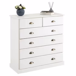 Commode chambre PARIS L 91 cm en bois massif lasuré blanc avec 6 tiroirs avec poignées coquille en métal style campagne