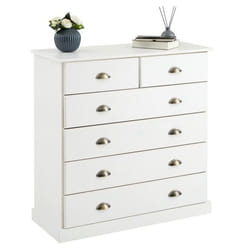 Commode chambre PARIS L 91 cm en bois massif lasuré blanc avec 6 tiroirs avec poignées coquille en métal style campagne