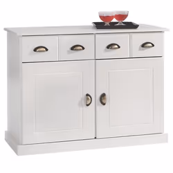 Buffet salle à manger PARIS L 91 cm en bois massif blanc 2 tiroirs 2 portes meuble rangement avec poignées coquilles