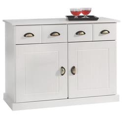 Buffet salle à manger PARIS L 91 cm en bois massif blanc 2 tiroirs 2 portes meuble rangement avec poignées coquilles