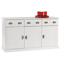 Buffet salle à manger Paris en bois massif L 133 cm avec 3 portes battantes et 3 tiroirs spacieux coloris blanc