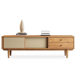 Meuble TV SIMONA L 175 cm en bois massif coloris chêne avec 2 Tiroirs 2 Portes Coulissantes Pour téléviseur jusquà 75
