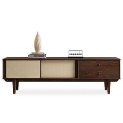 Meuble TV SIMONA L 175 cm en bois massif coloris noyer avec 2 Tiroirs 2 Portes Coulissantes Pour téléviseur jusquà 75
