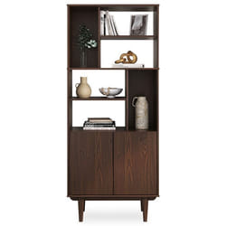 Buffet haut SIMONA 80x188 cm en bois massif coloris noyer avec 2 Portes 6 Étagères Vaisselier en hauteur