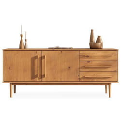 Buffet TECCA L 170 cm 2 Portes 3 Tiroirs en Bois Massif Coloris Chêne avec Étagères Réglables Deux compartiments