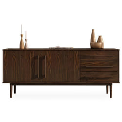 Buffet TECCA L 170 cm 2 Portes 3 Tiroirs en Bois Massif Coloris Noyer avec Étagères Réglables Deux compartiments