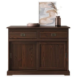 Buffet SAVONA bahut vaisselier commode avec 2 tiroirs et 2 portes coulissantes en pin massif coloris noyer