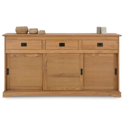 Buffet SAVONA bahut vaisselier commode avec 3 tiroirs et 3 portes coulissantes en pin massif lasuré brun
