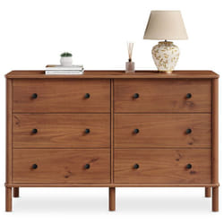Commode chambre APOANA L 132 cm 6 tiroirs en bois massif coloris châtaignier meuble de rangement pour vêtements