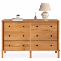 Commode chambre APOANA L 132 cm 6 tiroirs en bois massif coloris chêne meuble de rangement pour vêtements