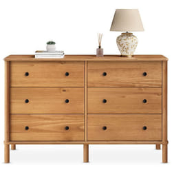 Commode chambre APOANA L 132 cm 6 tiroirs en bois massif coloris chêne meuble de rangement pour vêtements