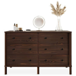 Commode chambre APOANA L 132 cm 6 tiroirs en bois massif coloris noyer meuble de rangement pour vêtements