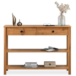 Table console dentrée APOANA L 110 cm en bois massif coloris chêne avec 2 tiroirs et 2 tablettes Design naturel