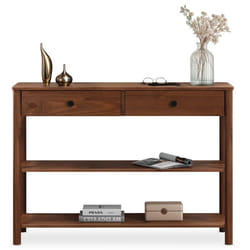 Table console dentrée APOANA L 110 cm en bois massif coloris châtaignier avec 2 tiroirs et 2 tablettes Design naturel