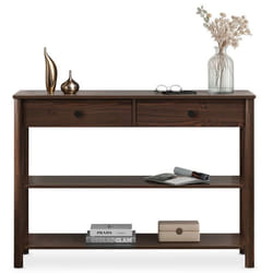 Table console dentrée APOANA L 110 cm en bois massif coloris noyer avec 2 tiroirs et 2 tablettes Design naturel