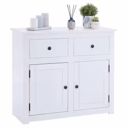 Buffet salle à manger PAULO L 93 cm en bois massif blanc avec 2 tiroirs et 2 portes meuble de rangement pour vaisselle