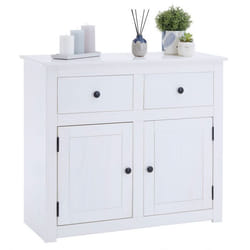 Buffet salle à manger PAULO L 93 cm en bois massif blanc avec 2 tiroirs et 2 portes meuble de rangement pour vaisselle