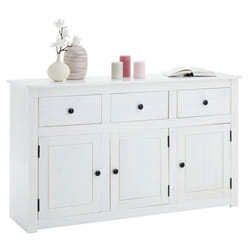Buffet blanc PAULO bahut en pin massif avec 3 tiroirs et 3 portes