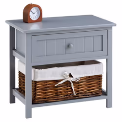 Table de chevet AKURE table de nuit en bois lasuré gris avec 1 tiroir et 1 panier en osier et insert en tissu blanc
