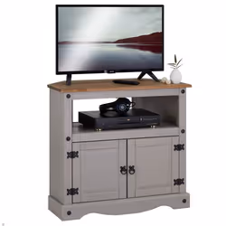 Meuble TV RAMON banc télévision en pin massif gris et brun avec 2 portes et 1 niche meuble de rangement style mexicain en boi ...