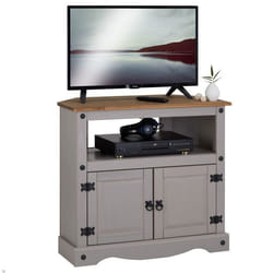 Meuble TV RAMON banc télévision en pin massif gris et brun avec 2 portes et 1 niche meuble de rangement style mexicain en bois
