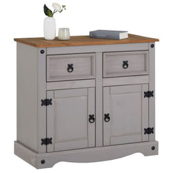 Buffet salle à manger RAMON L 87 cm en bois massif gris et brun meuble de rangement adulte 2 tiroirs et 2 portes