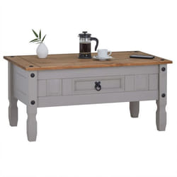 Table basse RAMON table dappoint rectangulaire en pin massif gris et brun avec 1 tiroir meuble de salon style mexicain en bois