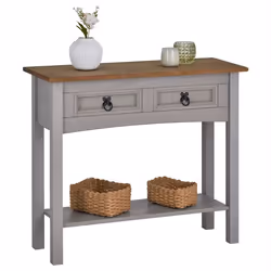 Table console RAMON table dappoint rectangulaire en pin massif gris et brun avec 2 tiroirs meuble dentrée style mexicain en b ...