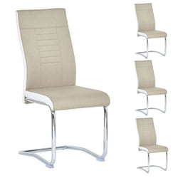 Lot de 4 chaises de salle à manger ou cuisine ALBA avec assise rembourrée et piètement chromé revêtement en tissu beige et blanc