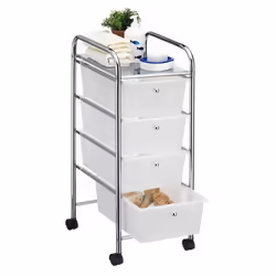 Caisson sur roulettes SANO chariot avec 4 tiroirs en plastique blanc transparent et 1 étagère rangement salle de bain métal c ...
