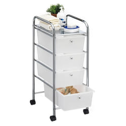 Caisson sur roulettes SANO chariot avec 4 tiroirs en plastique blanc transparent et 1 étagère rangement salle de bain métal chromé