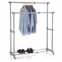 Portant à vêtements CASA en métal chromé et gris penderie double sur roulettes avec 2 barres hauteur et longueur réglables