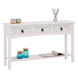 Table console RURAL table dappoint en pin massif blanc avec 3 tiroirs et 1 étagère meuble dentrée en bois style rustique